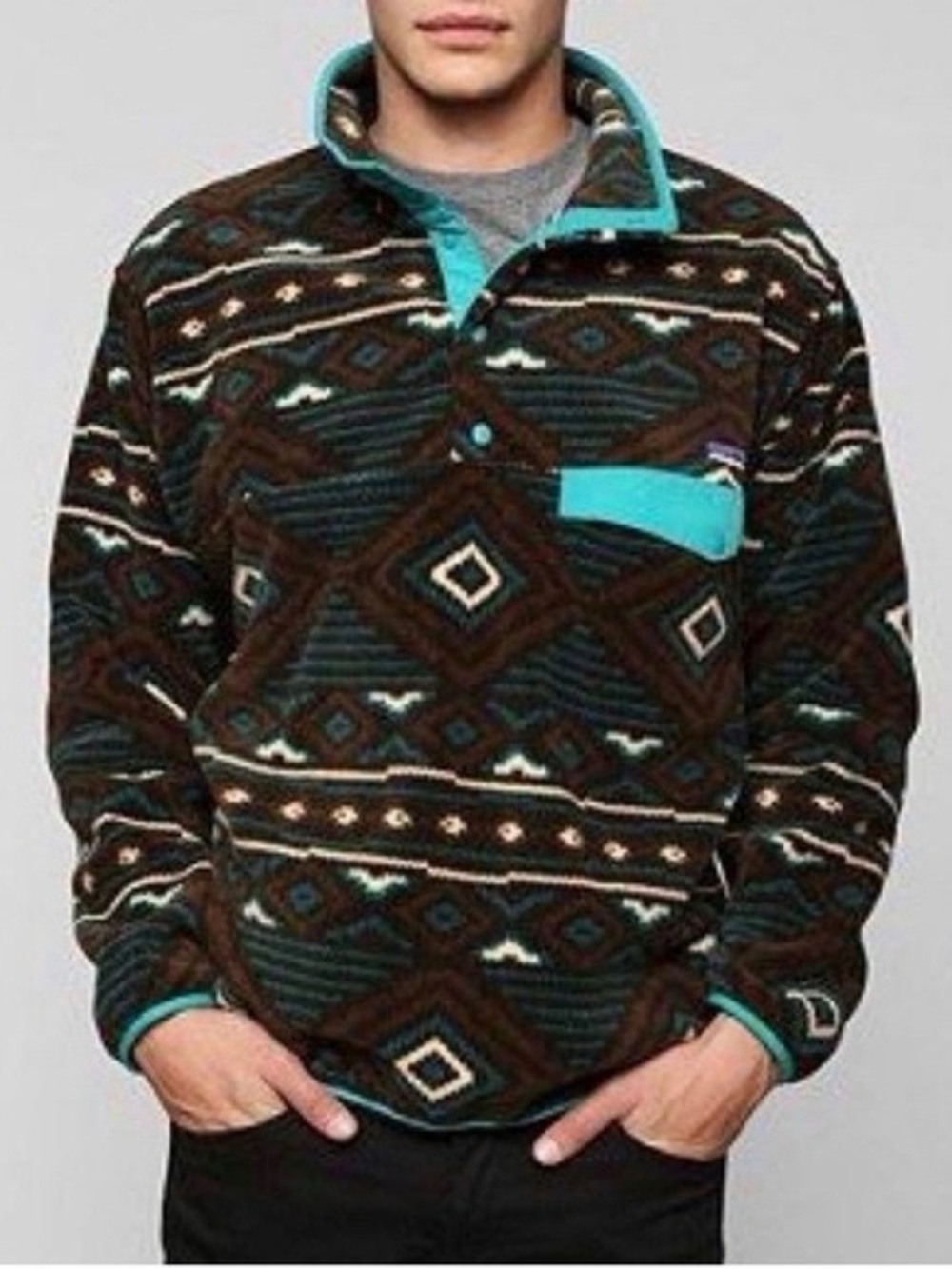 Patagonia Teal & Brown Geometric Snap-T Fleece Pullover